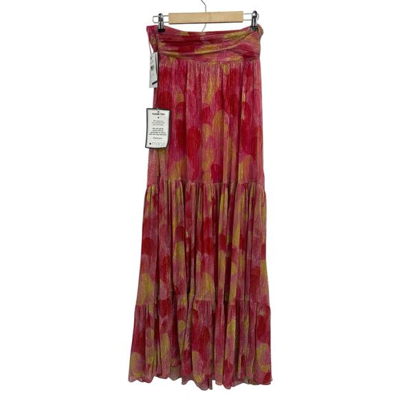 Violet Weekend Shimmer Red Pink Tiered Maxi Dress Sunset Pineapple 3/4 NWT - Picture 3 of 5